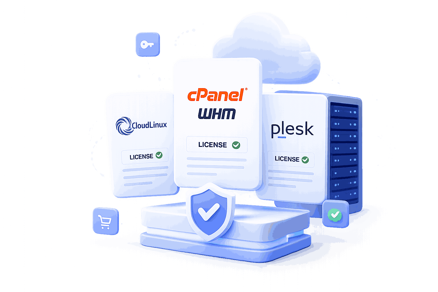 Server license illustration — cPanel, CloudLinux, Plesk